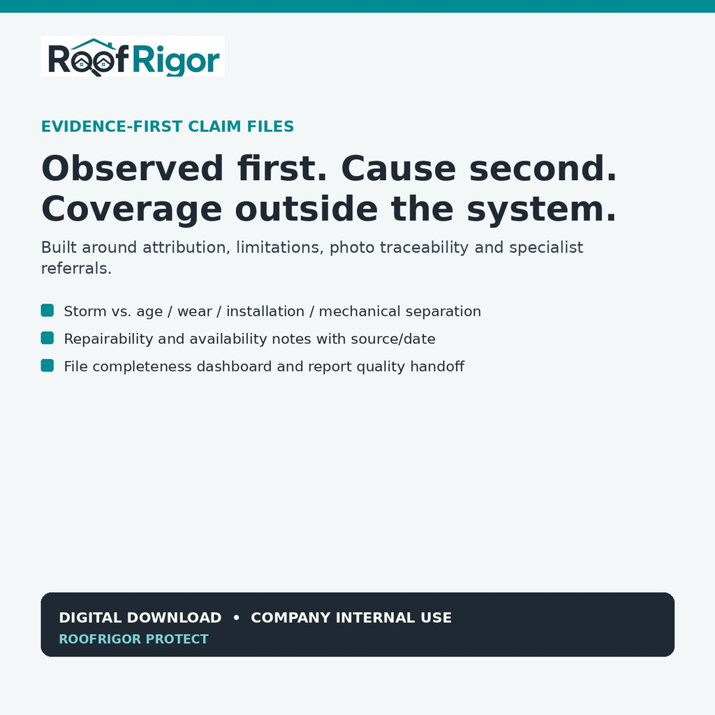 RoofRigor evidence first claims documentation observed cause condition separation and specialist referral