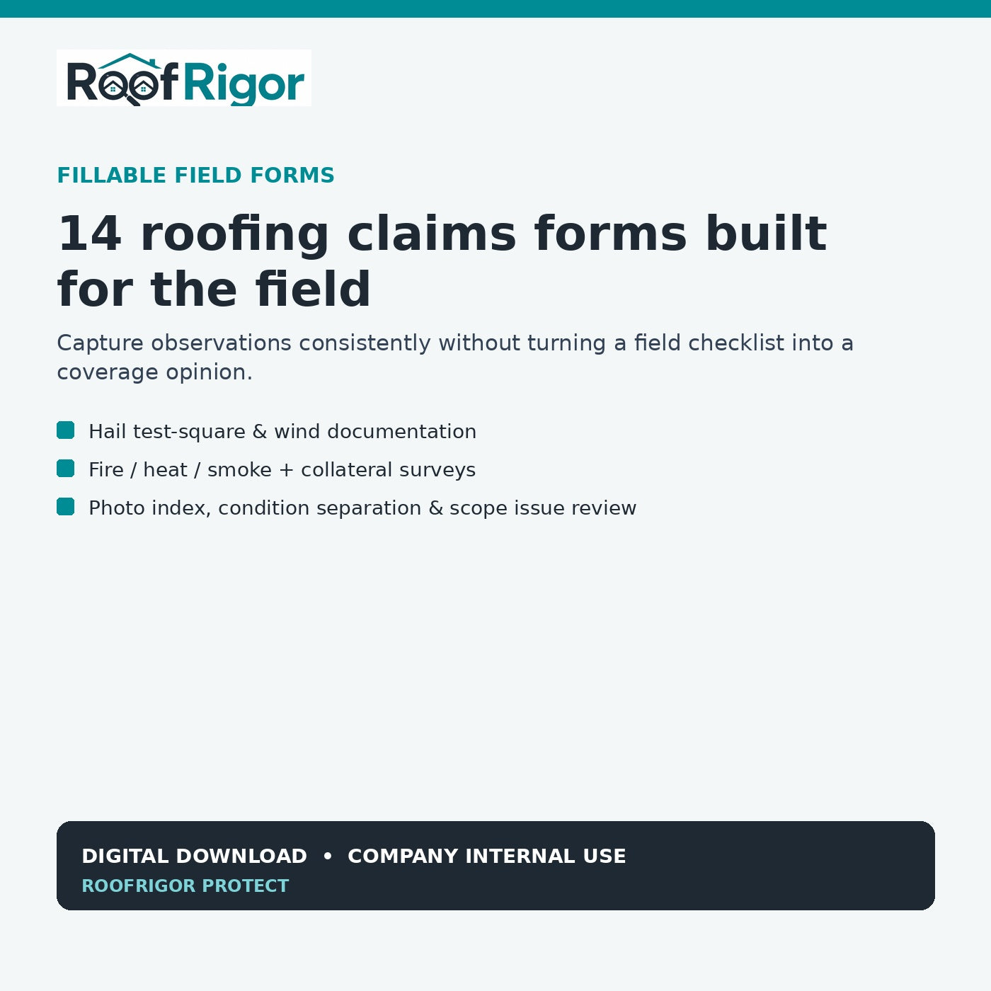 RoofRigor roofing claims fillable forms hail wind fire collateral photo and condition separation