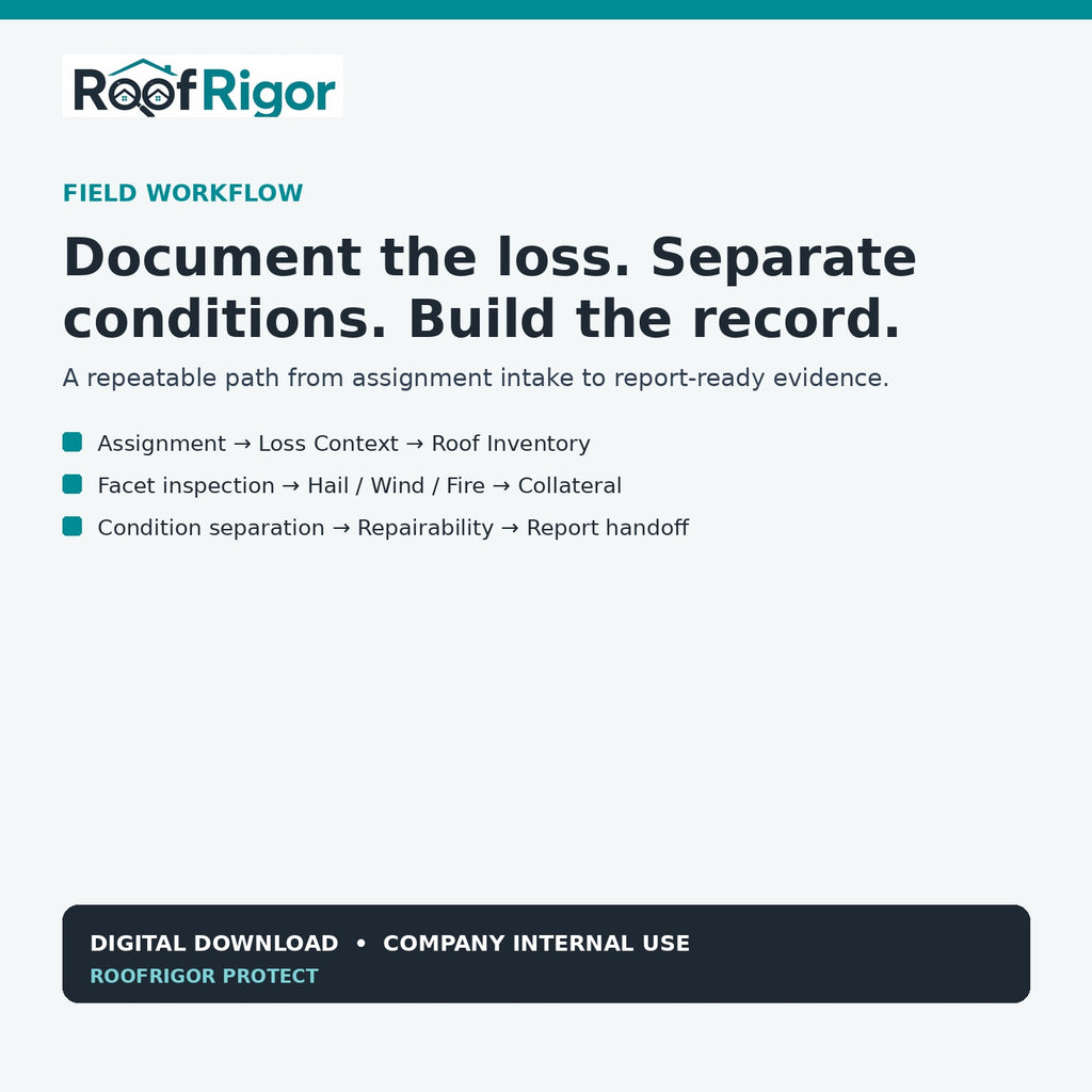 RoofRigor claims inspection workflow assignment loss context roof inventory evidence and report handoff