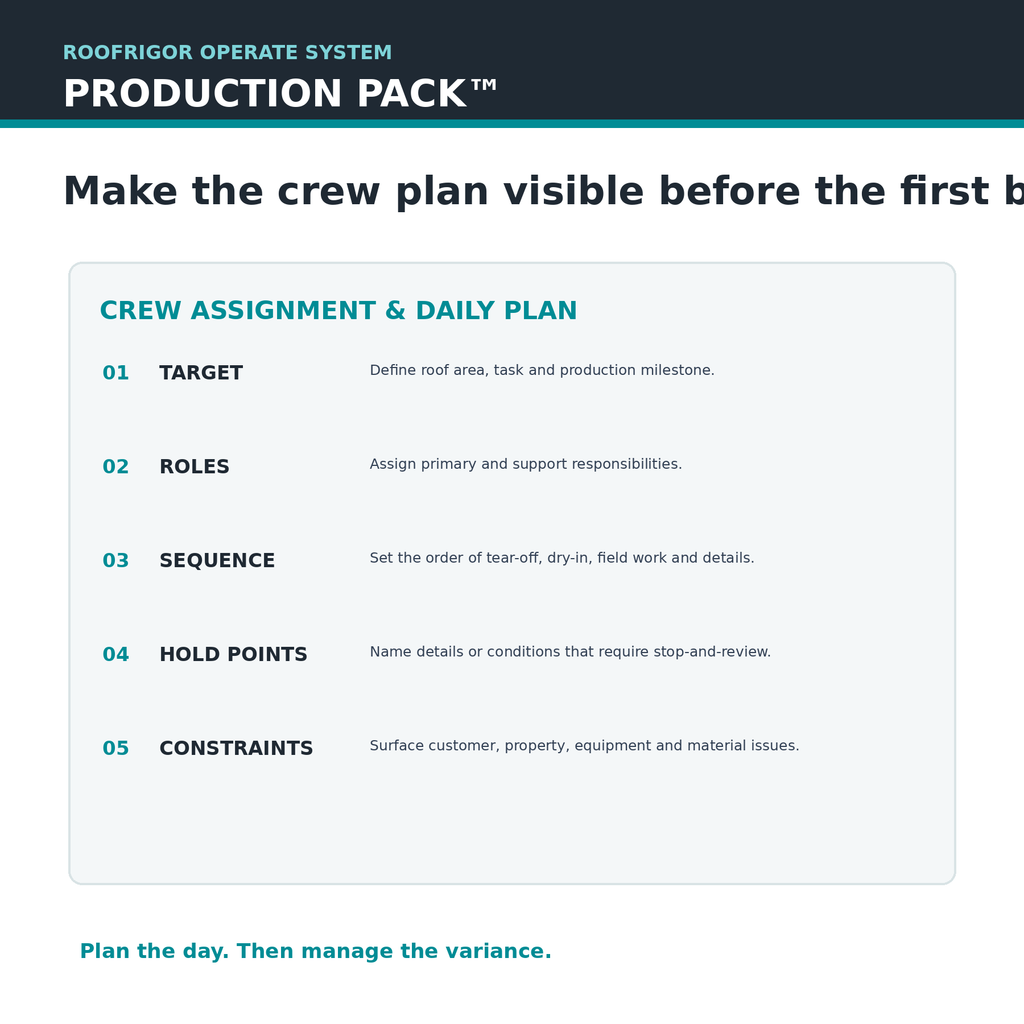 RoofRigor crew assignment and daily roofing production plan preview