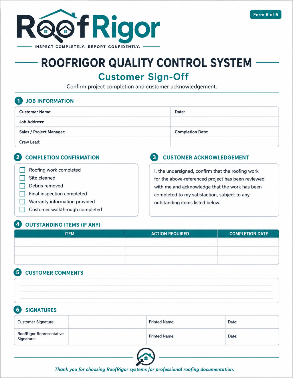 RoofRigor Customer Sign-Off fillable roofing closeout form preview