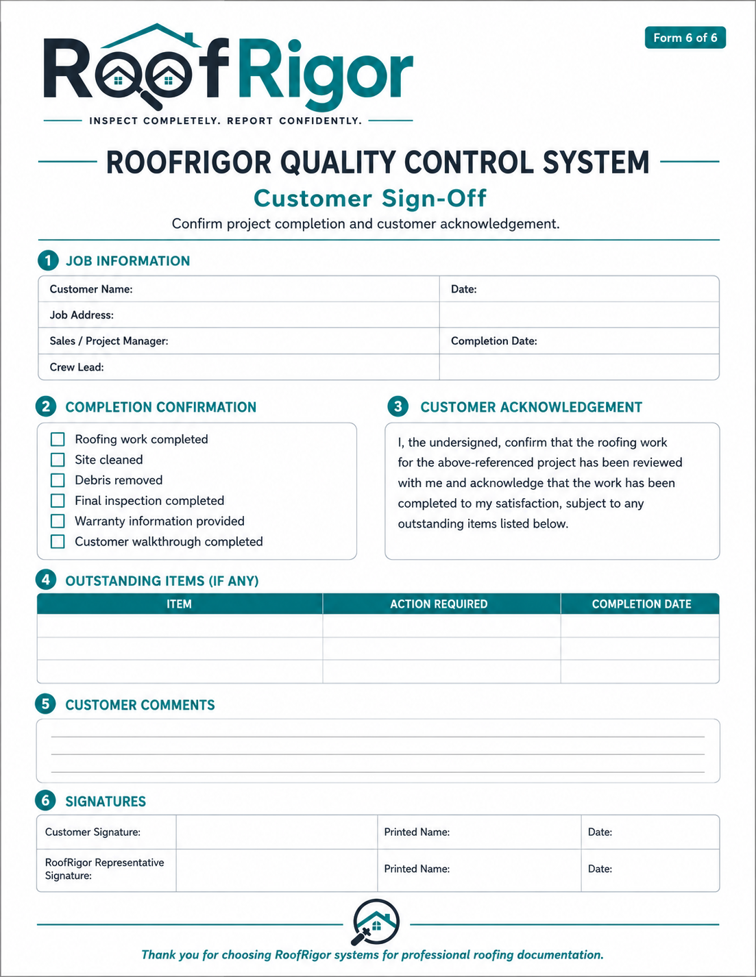 RoofRigor Customer Sign-Off fillable roofing closeout form preview