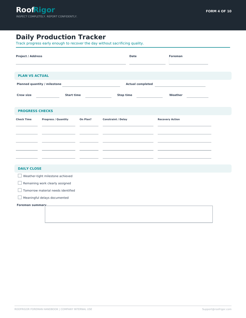 RoofRigor Daily Production Tracker fillable roofing foreman form