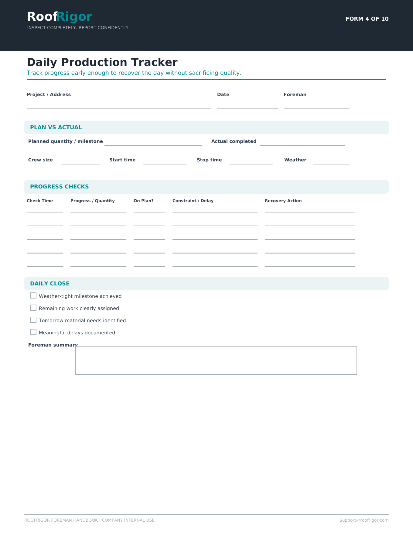 RoofRigor Daily Production Tracker fillable roofing foreman form