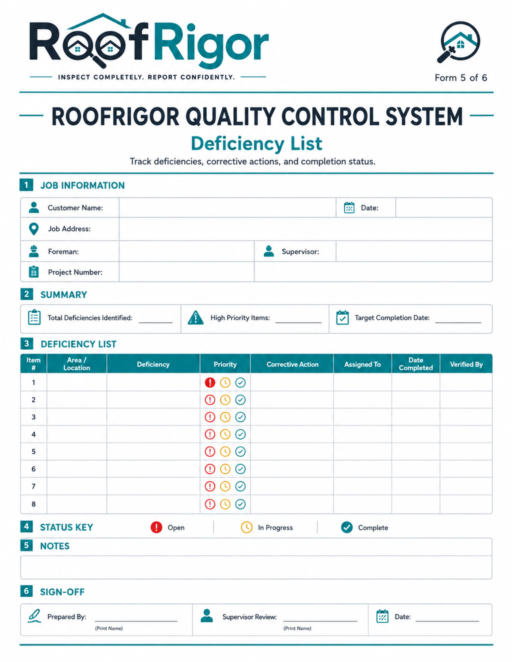RoofRigor roofing deficiency list quality control form preview
