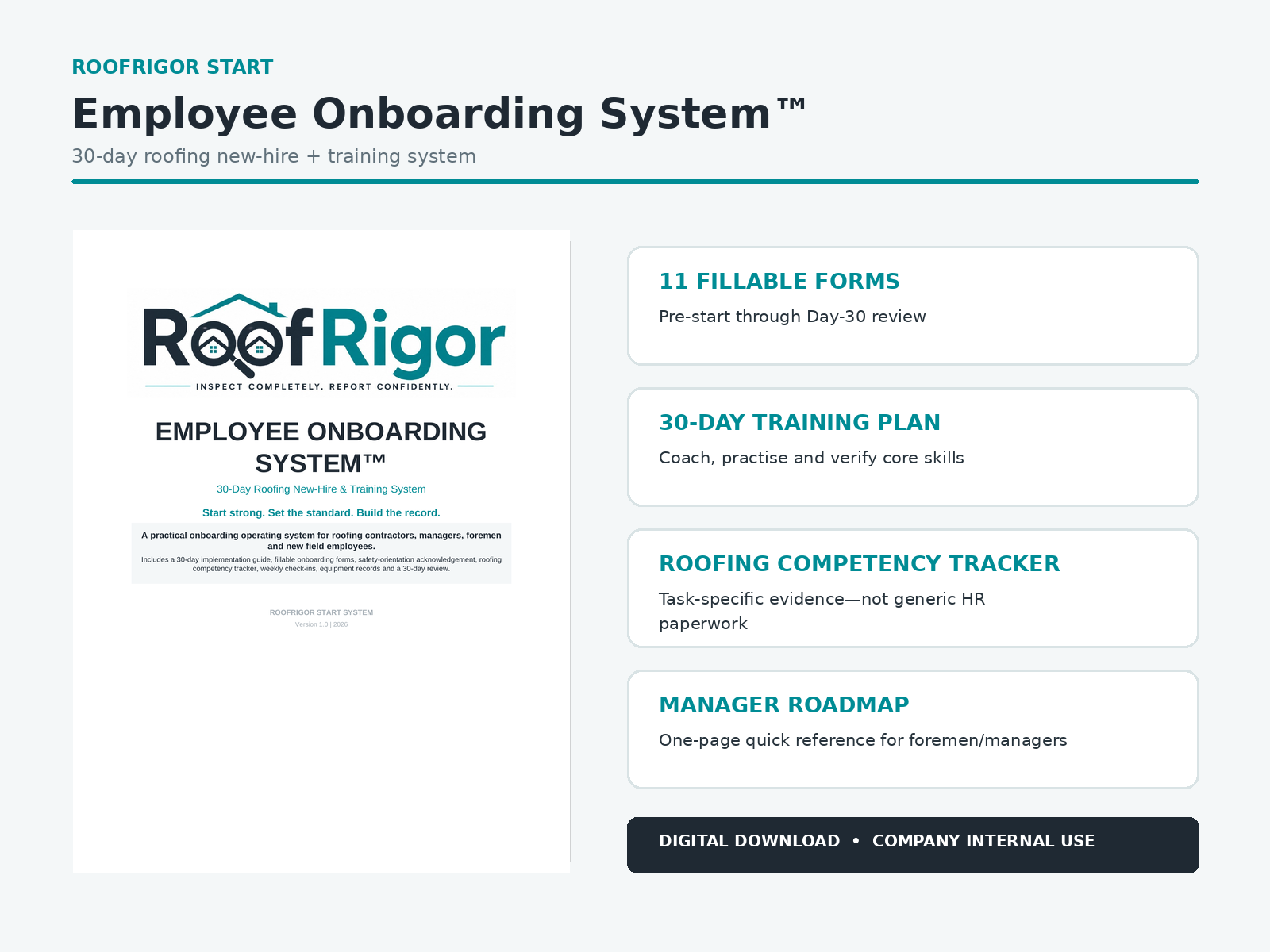RoofRigor Employee Onboarding System 30-day roofing new-hire and training system overview