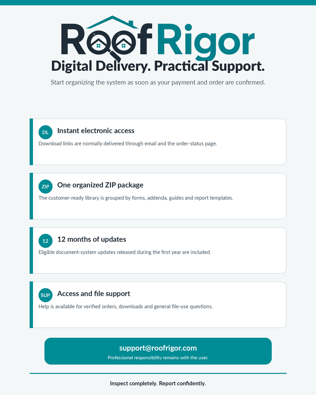 RoofRigor Essential instant digital delivery, organized ZIP package, updates and file support
