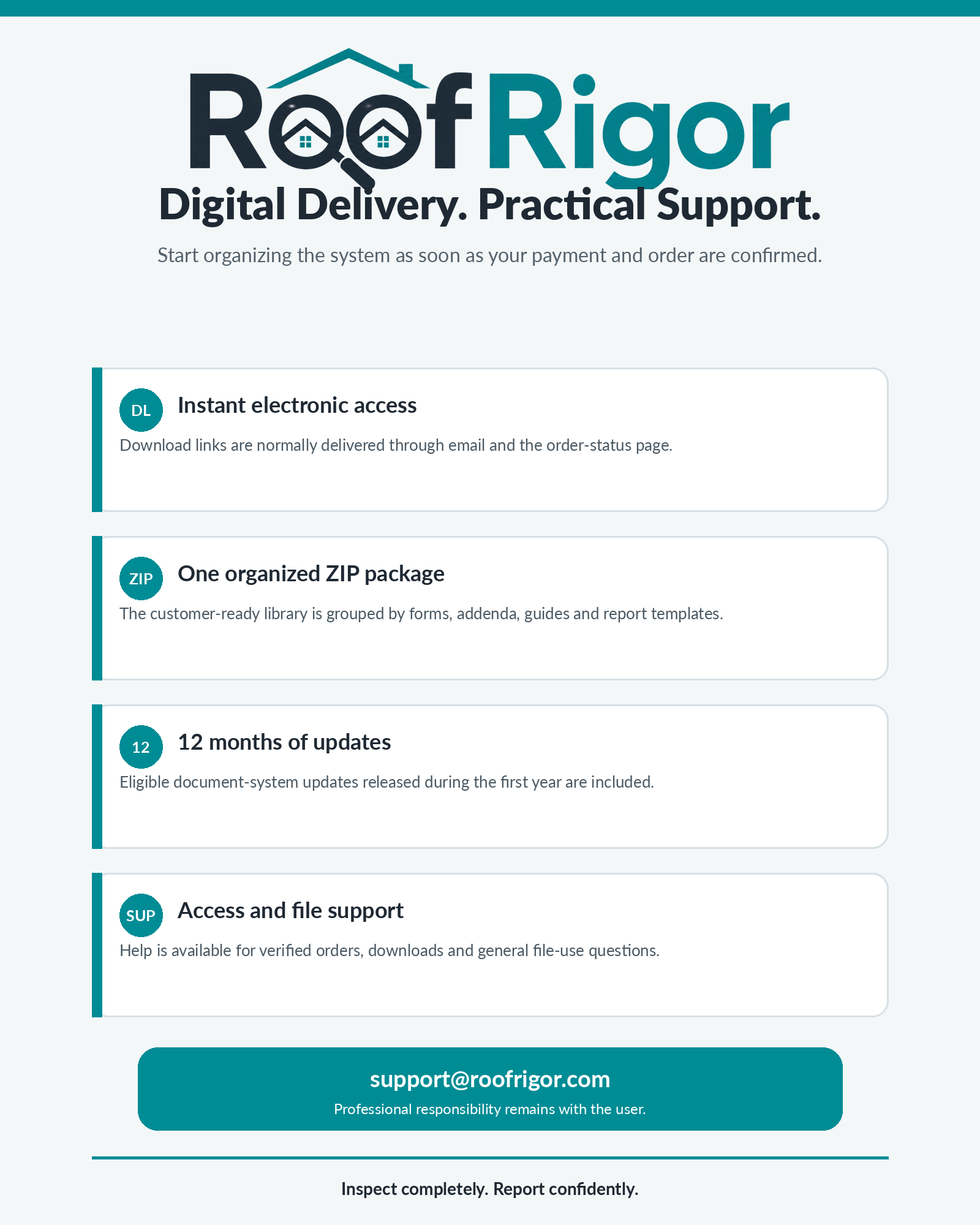 RoofRigor Essential instant digital delivery, organized ZIP package, updates and file support