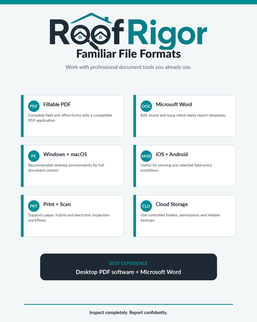 RoofRigor Essential fillable PDF and Microsoft Word compatibility across desktop, mobile, print and cloud workflows