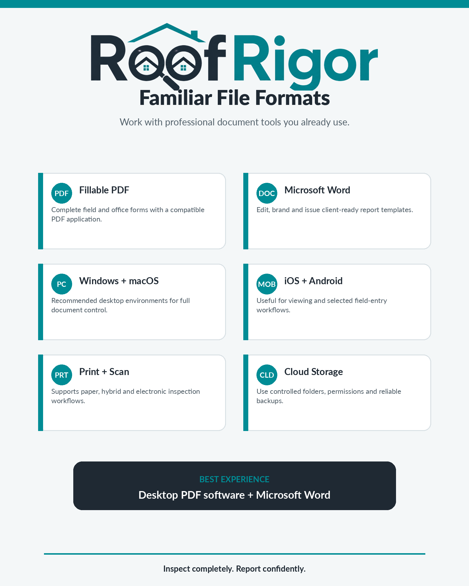 RoofRigor Essential fillable PDF and Microsoft Word compatibility across desktop, mobile, print and cloud workflows