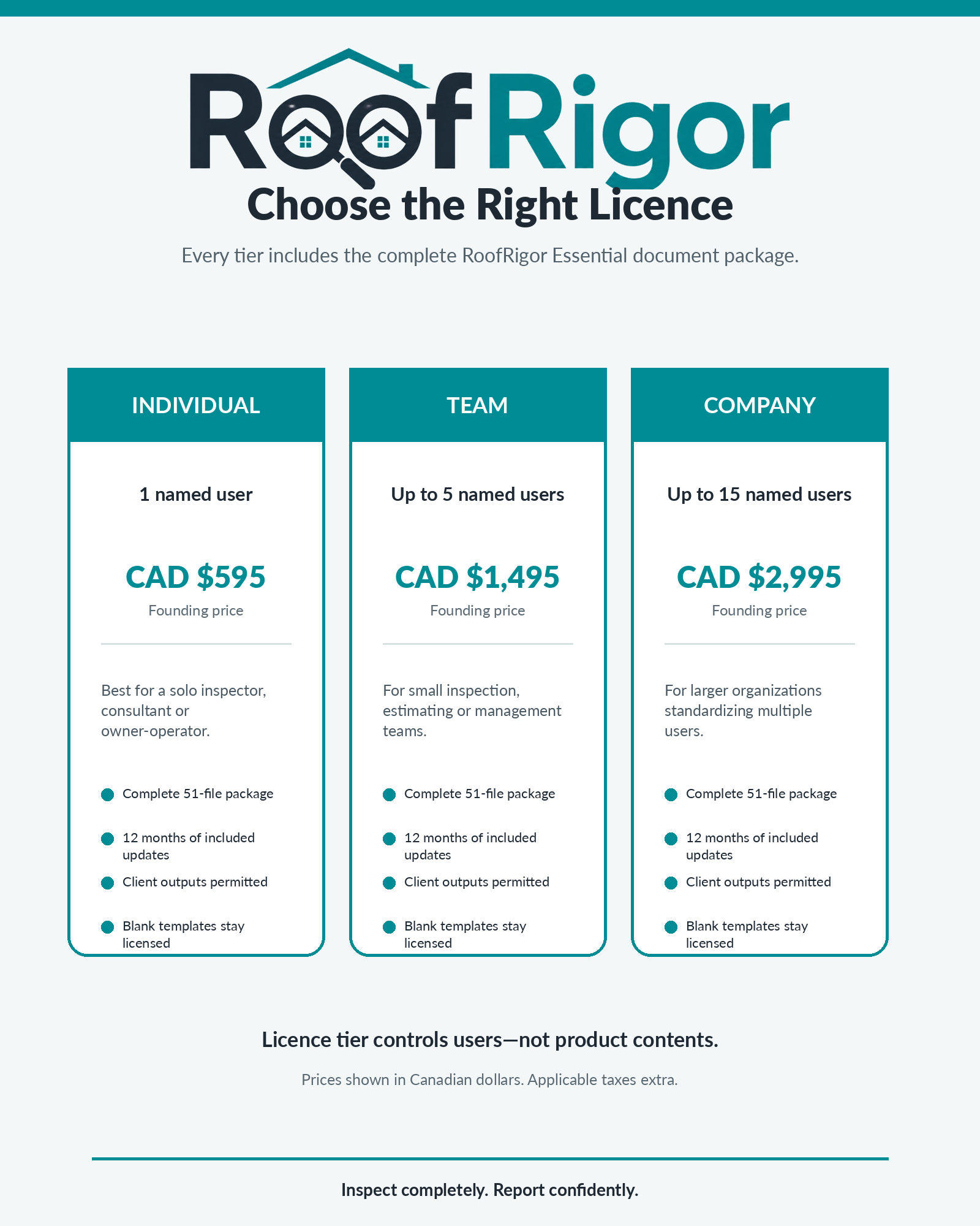 RoofRigor Essential Individual, Team and Company licence comparison