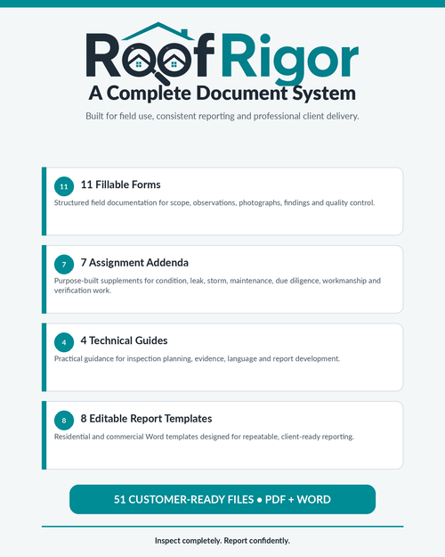 RoofRigor Essential includes 11 fillable forms, 7 assignment addenda, 4 technical guides and 8 editable report templates
