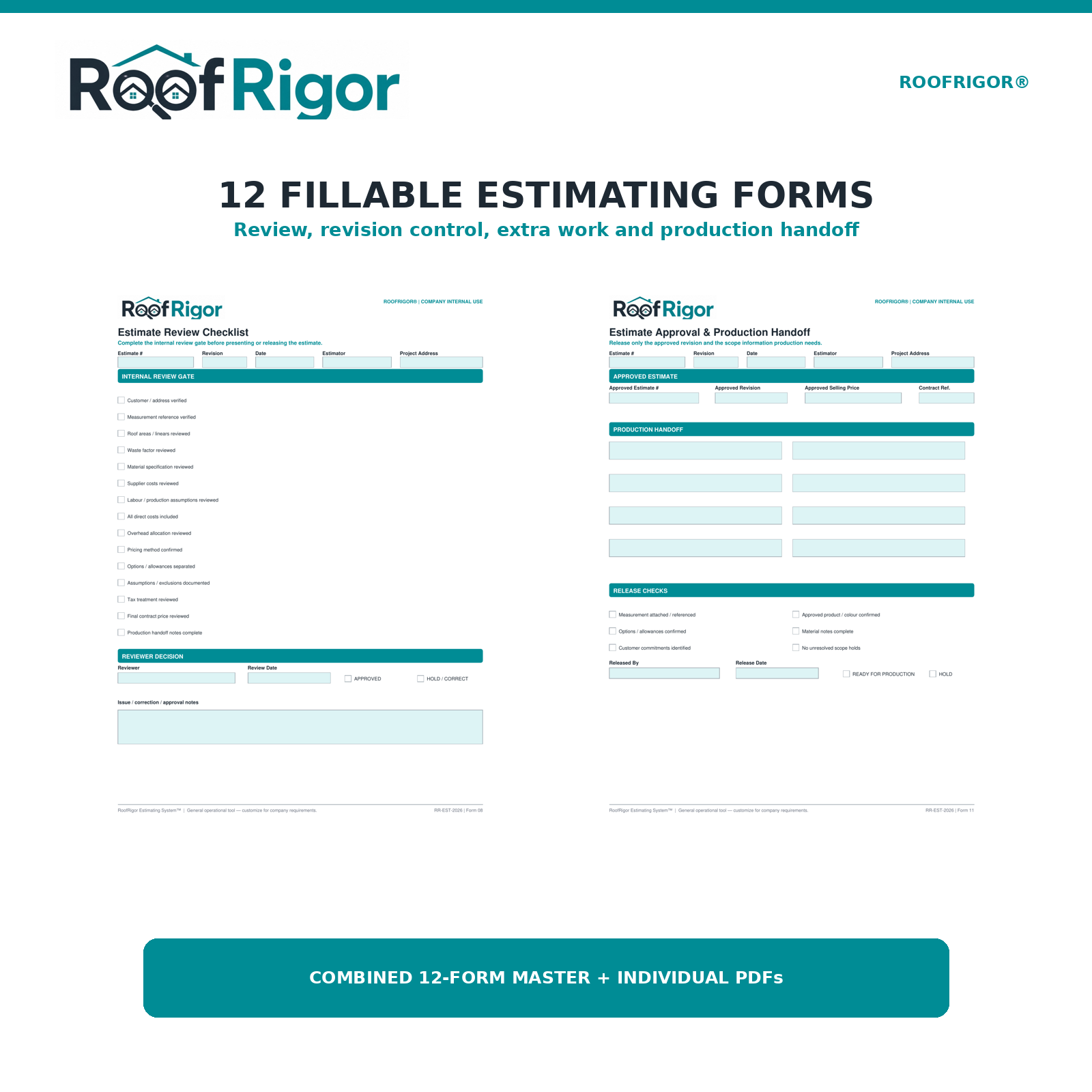 RoofRigor roofing estimating fillable PDF forms review revision and production handoff preview