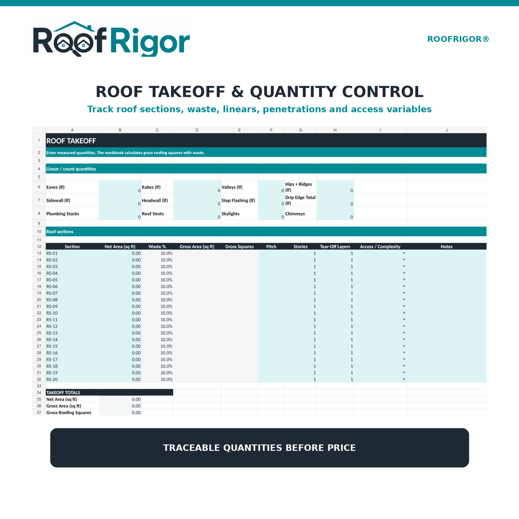 RoofRigor roofing roof takeoff quantity control worksheet preview