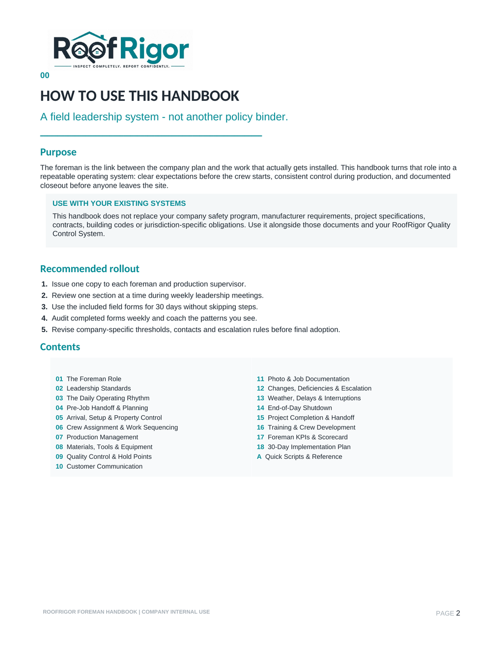 RoofRigor roofing foreman handbook contents and implementation overview