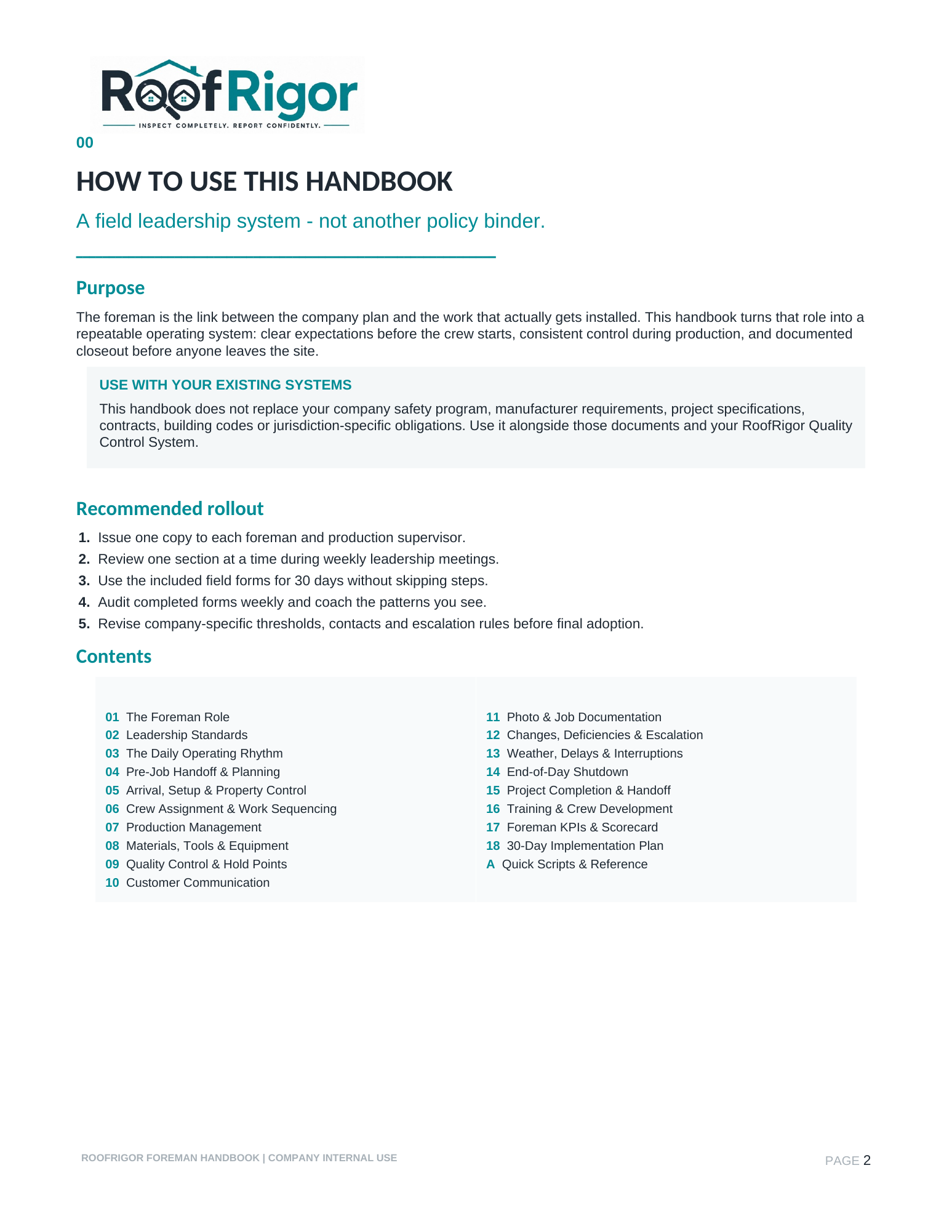 RoofRigor roofing foreman handbook contents and implementation overview