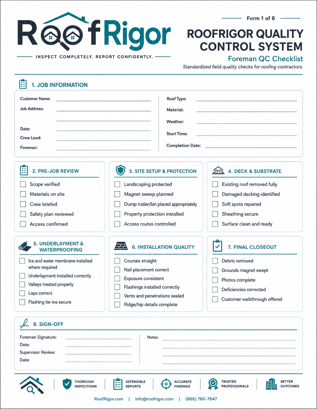RoofRigor Foreman QC Checklist fillable roofing quality control form