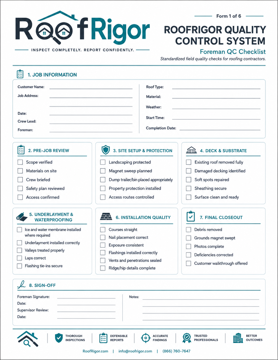 RoofRigor Foreman QC Checklist fillable roofing quality control form