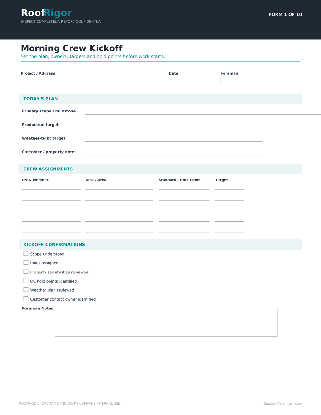 RoofRigor Morning Crew Kickoff fillable roofing foreman form