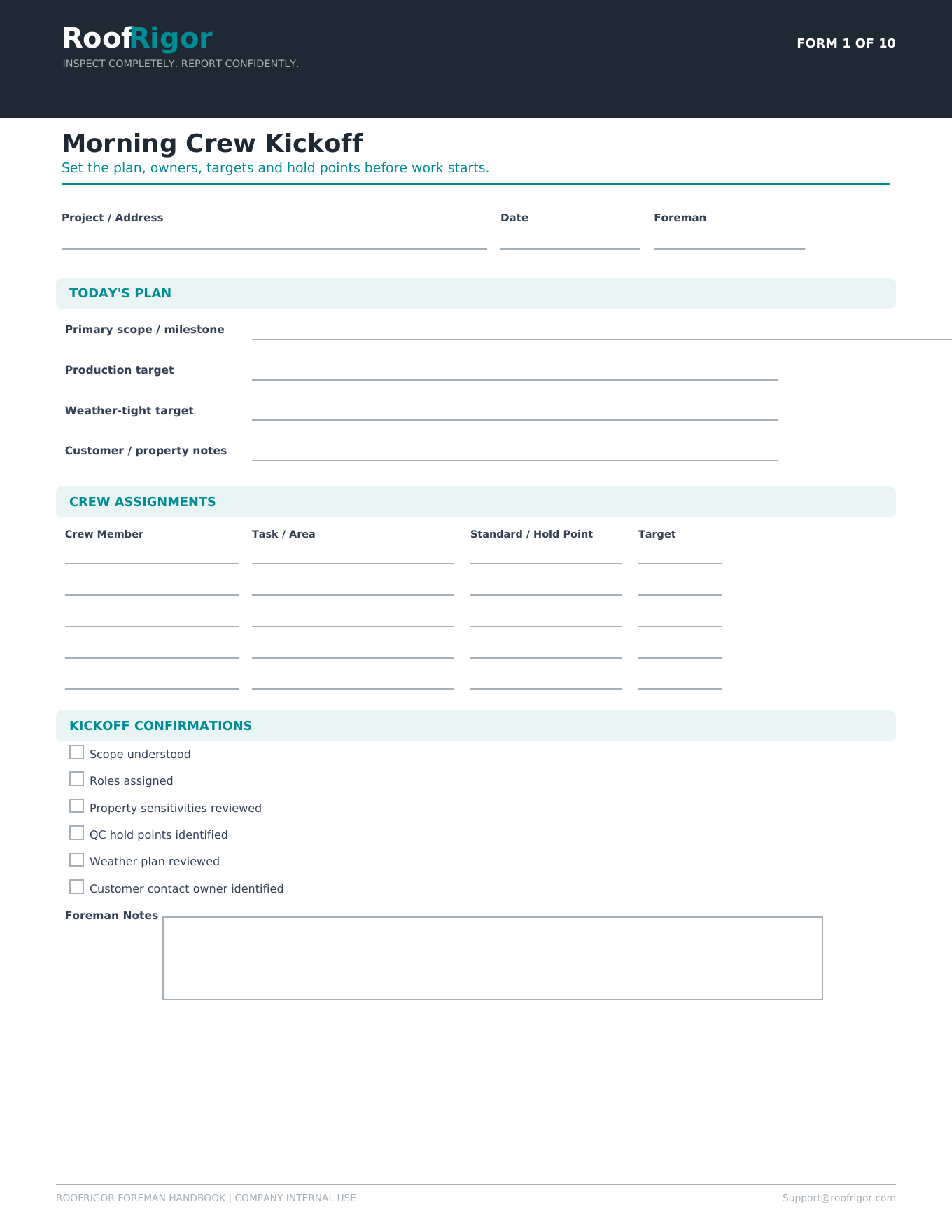RoofRigor Morning Crew Kickoff fillable roofing foreman form