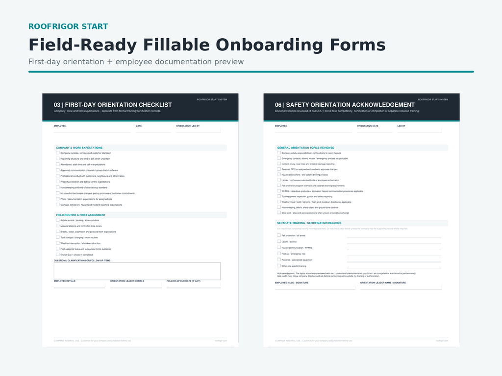 RoofRigor fillable roofing employee onboarding forms first-day orientation and safety acknowledgement preview