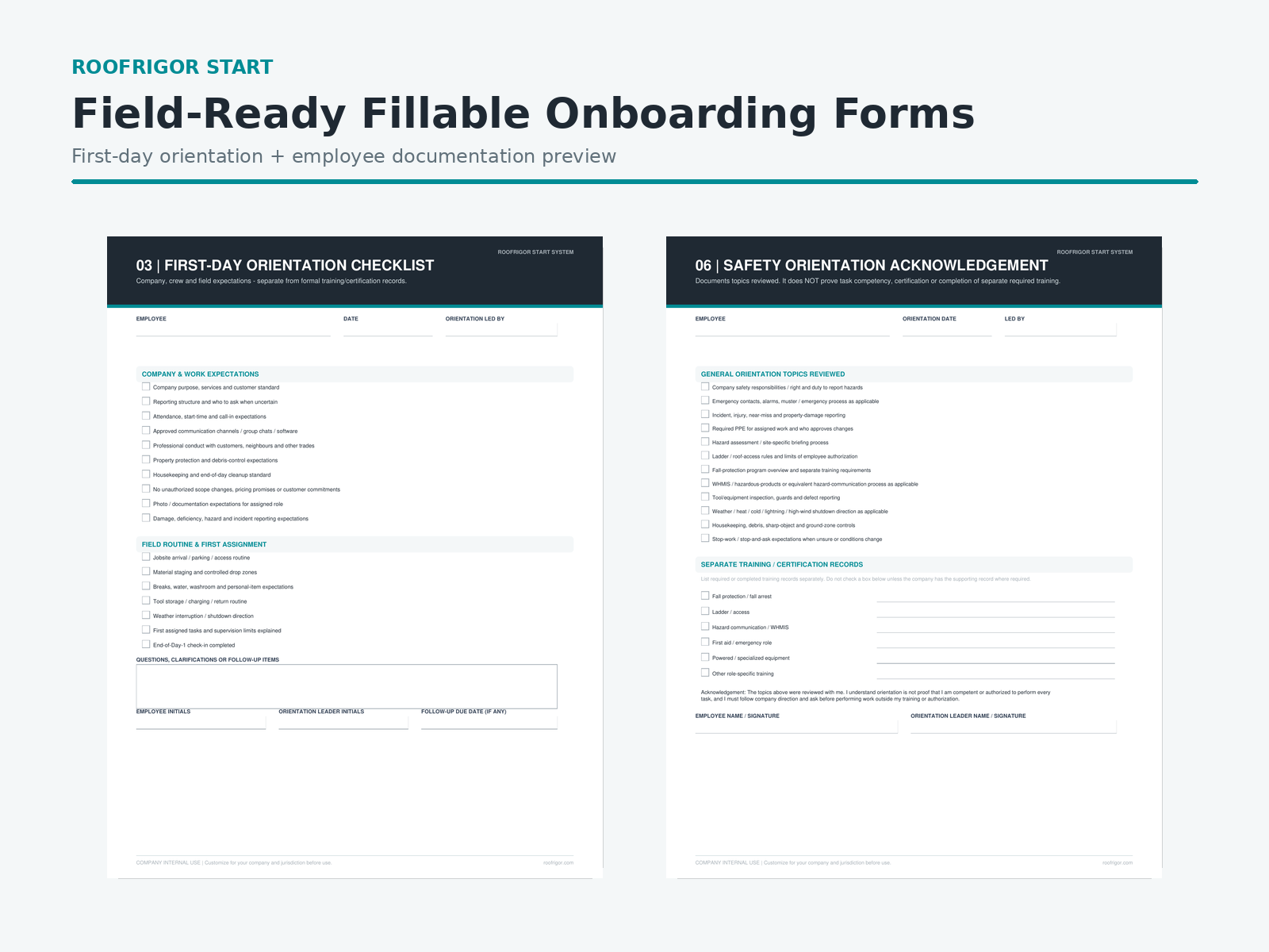 RoofRigor fillable roofing employee onboarding forms first-day orientation and safety acknowledgement preview