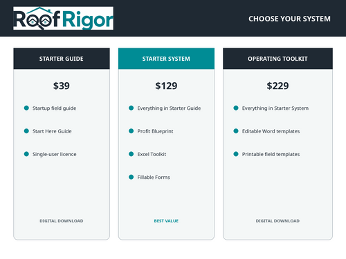 Compare the RoofRigor Roofing Business Starter Guide, Starter System and Operating Toolkit
