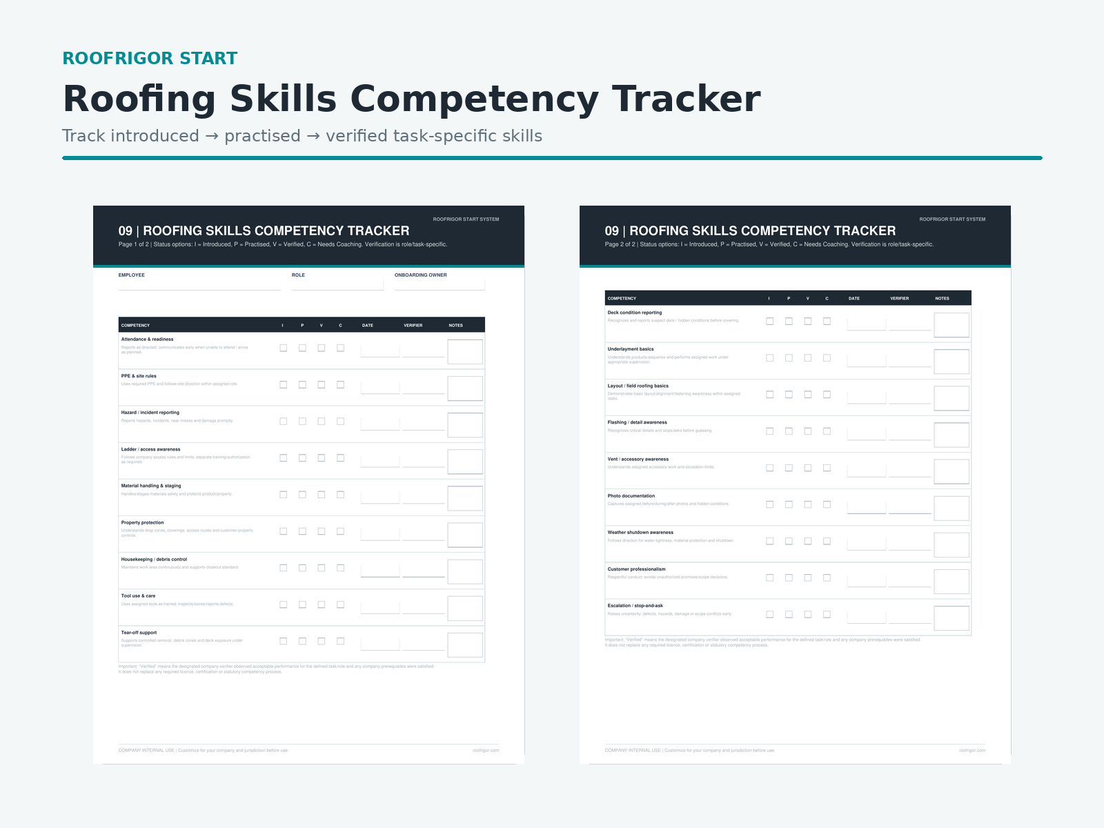 RoofRigor roofing skills competency tracker fillable form preview for employee onboarding and training