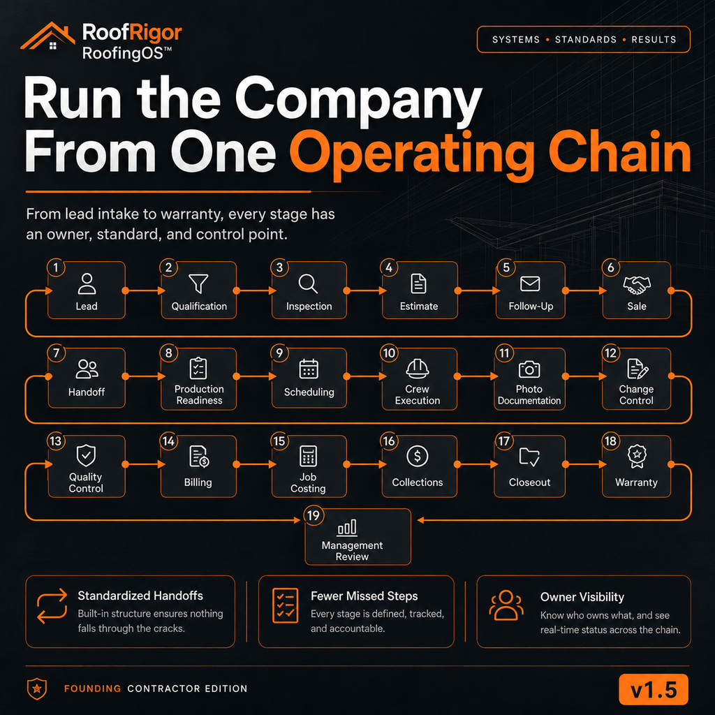 RoofRigor RoofingOS operating chain from lead intake through management review