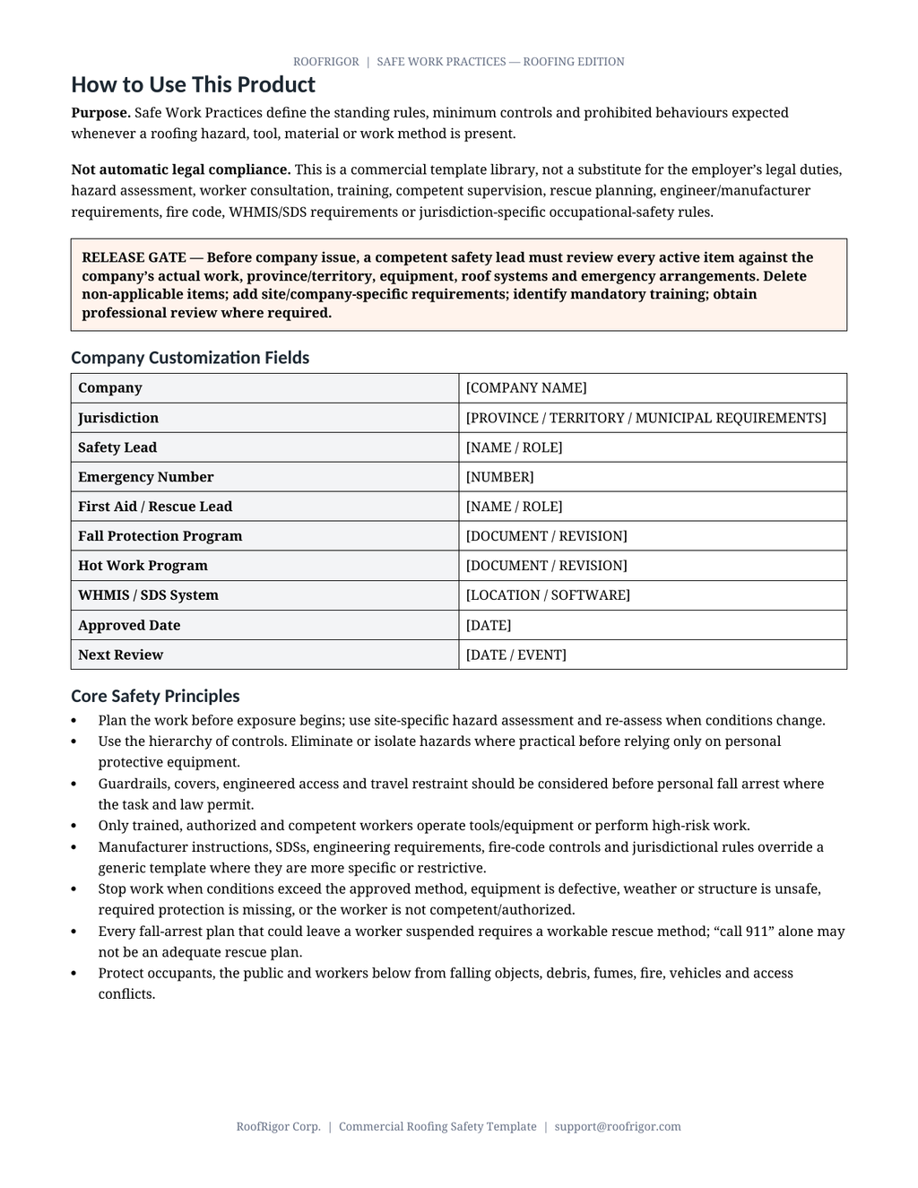 RoofRigor Safe Work Practices Roofing Edition — implementation and customization page