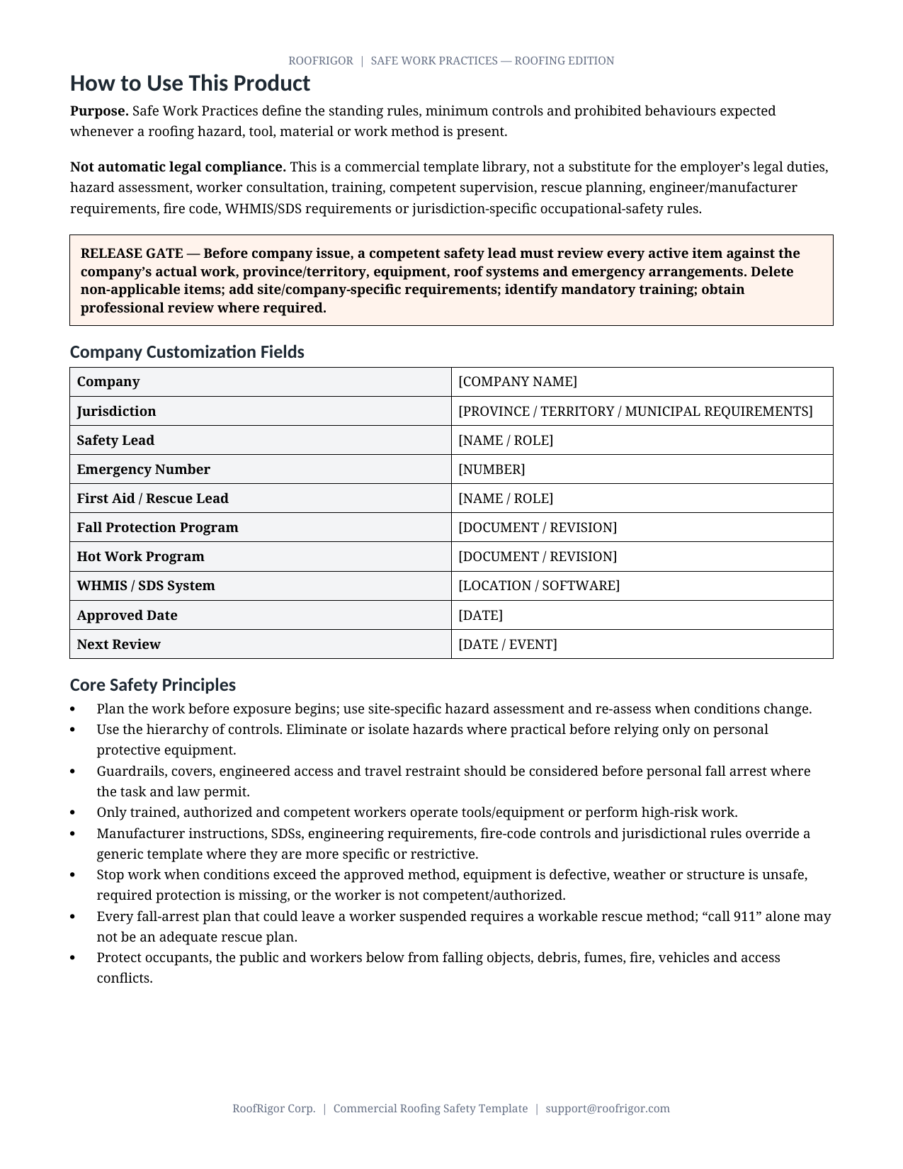 RoofRigor Safe Work Practices Roofing Edition — implementation and customization page
