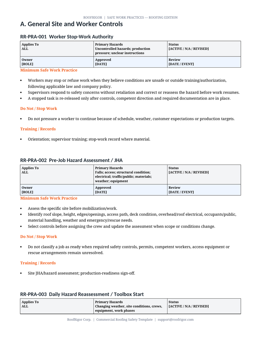 RoofRigor Safe Work Practices — sample controlled practice page