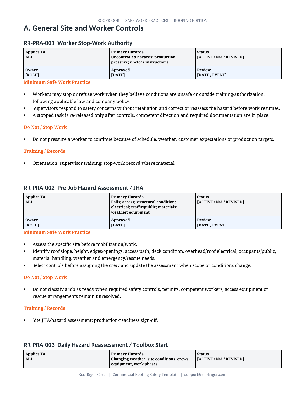 RoofRigor Safe Work Practices — sample controlled practice page