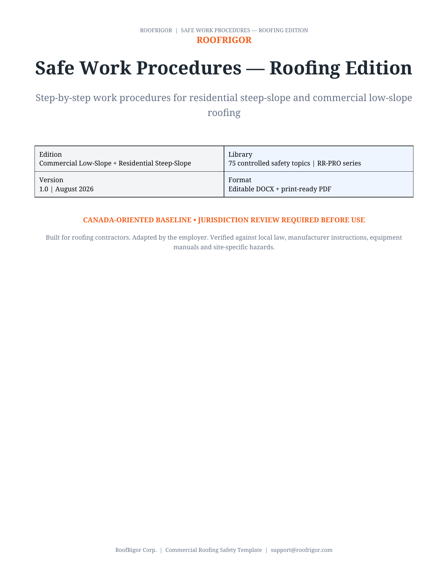 RoofRigor Safe Work Procedures Roofing Edition — included in Roofing Safety System bundle