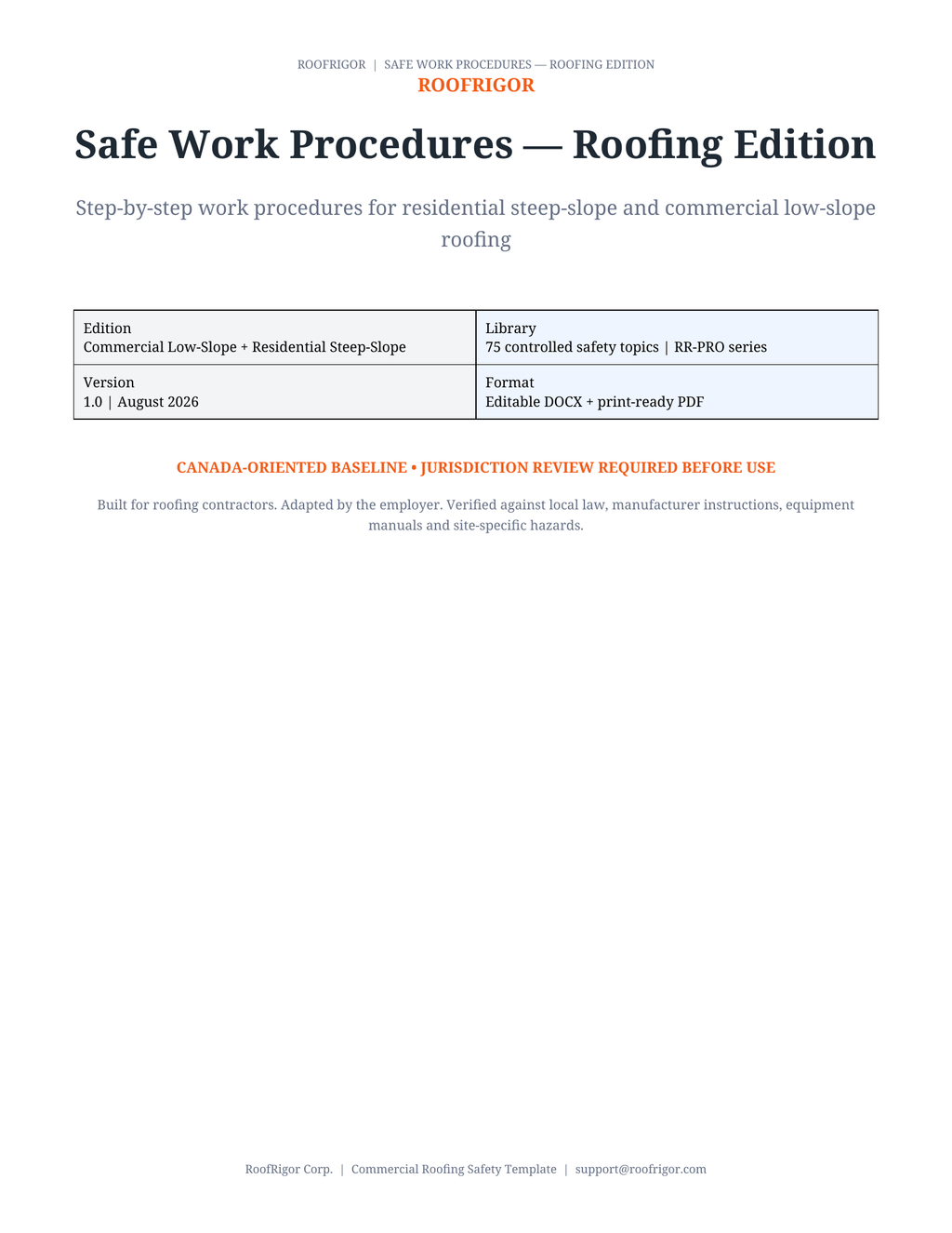 RoofRigor Safe Work Procedures Roofing Edition — 75 controlled roofing safety procedures