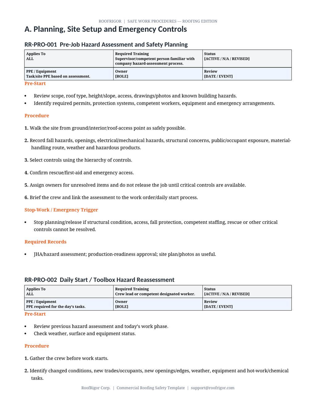 RoofRigor Safe Work Procedures — sample controlled procedure page