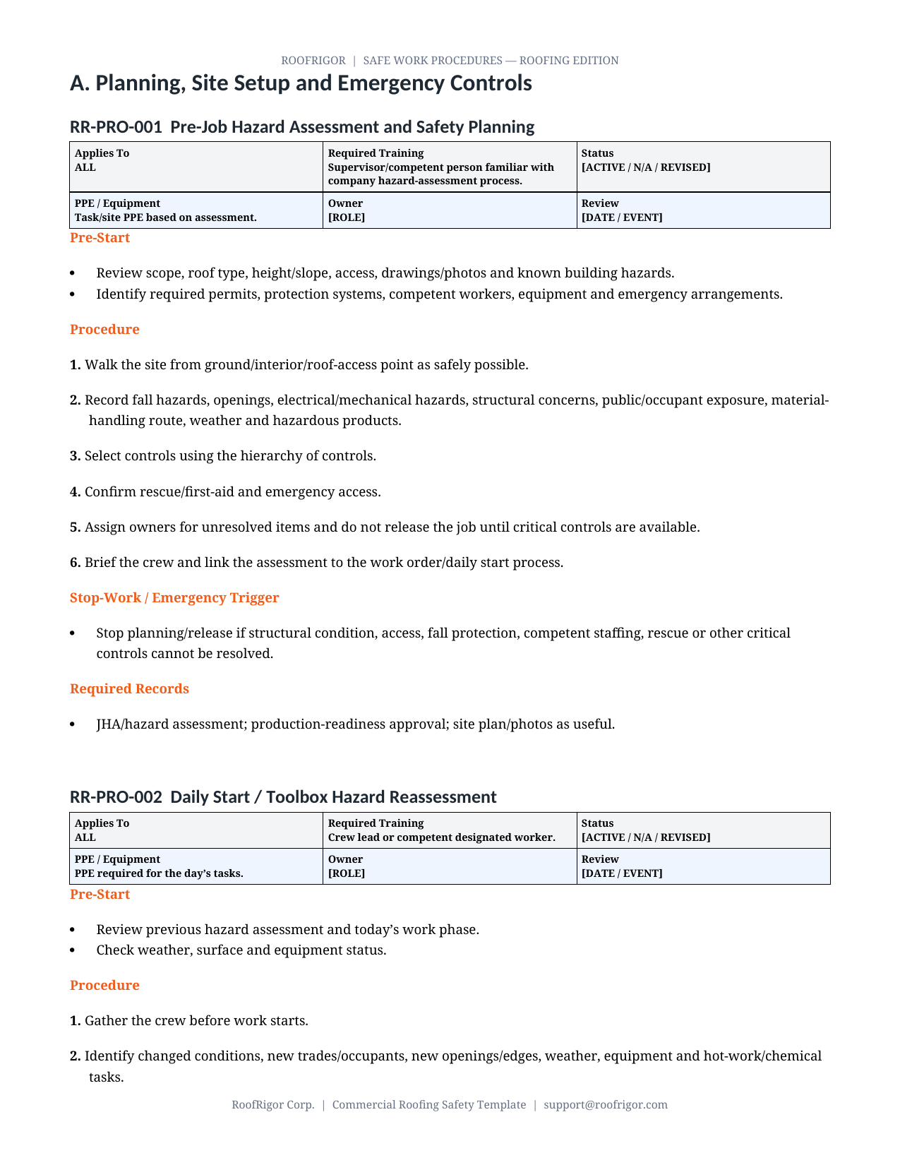 RoofRigor Safe Work Procedures — sample controlled procedure page