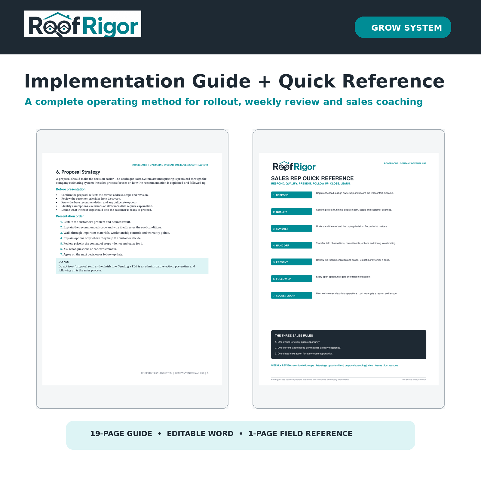 RoofRigor Sales System implementation guide and sales rep quick reference preview