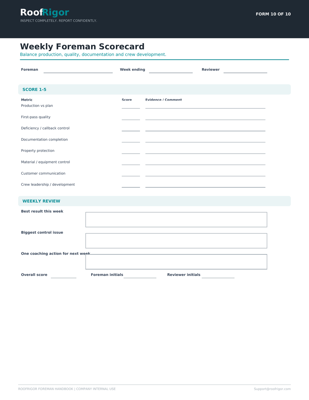 RoofRigor Weekly Foreman Scorecard fillable roofing leadership form