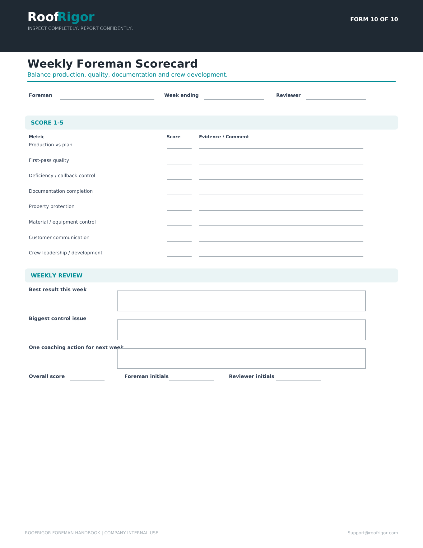 RoofRigor Weekly Foreman Scorecard fillable roofing leadership form